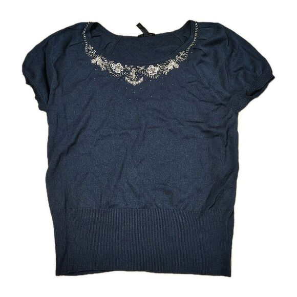 Escada Sweaters - Escada Womens Beaded Knit Top Size 38 Navy Scoop Neck Short Sleeve Sweater